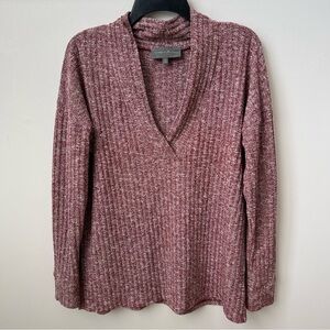 Anthropologie Sunday in Brooklyn Low V-Neck Ribbed Sweater Heathered Burgundy M